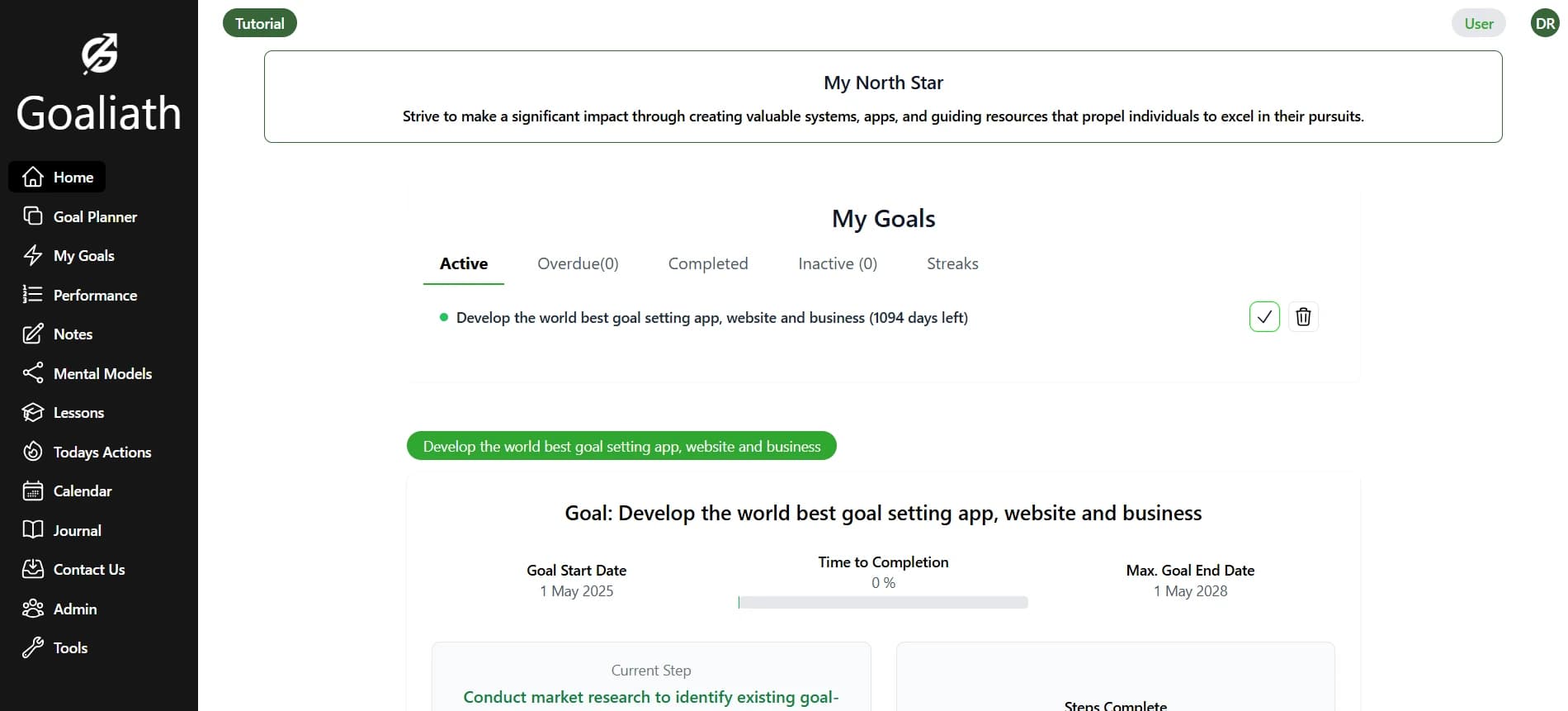 Goal calendar planner in Goaliath app