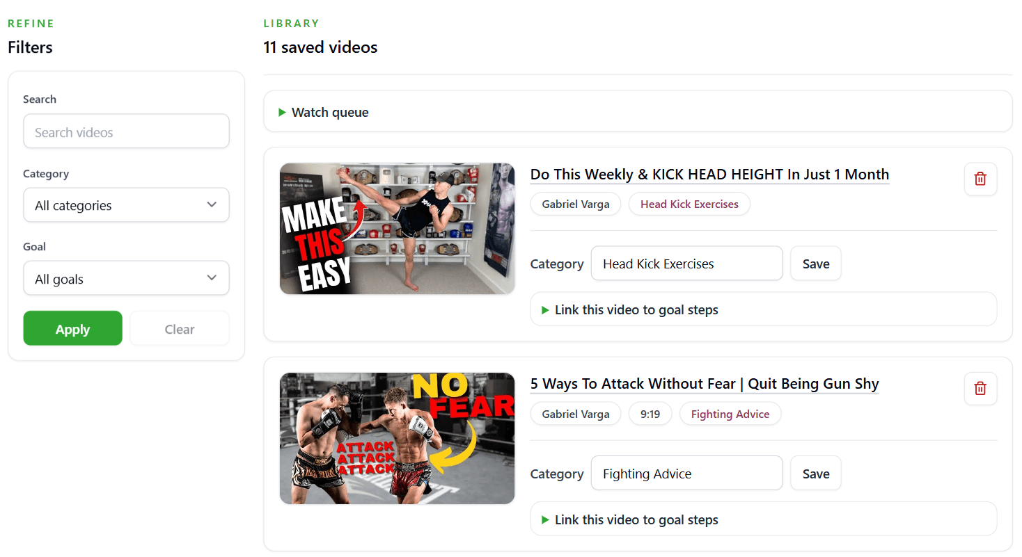 Saved video library with thumbnails
